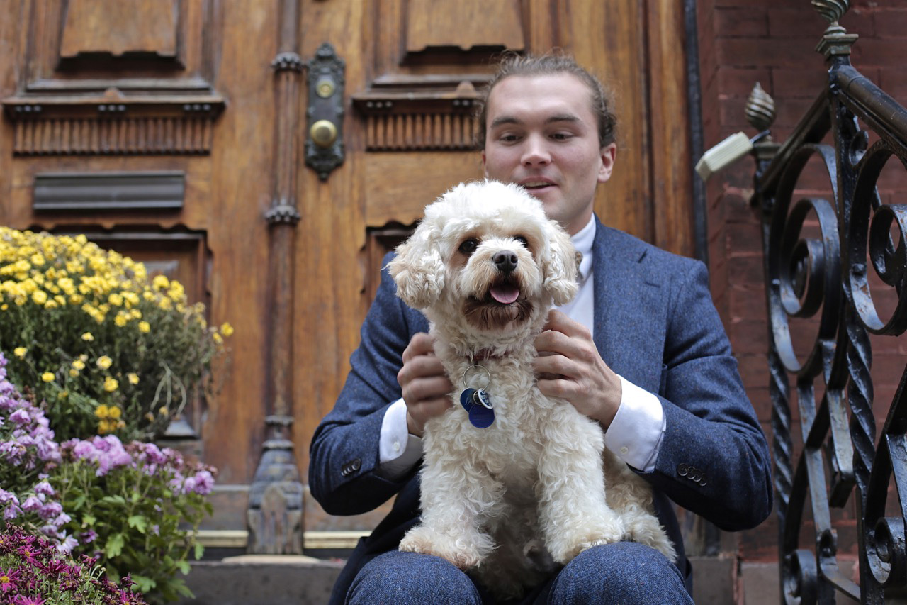 blue tweed suit and dog