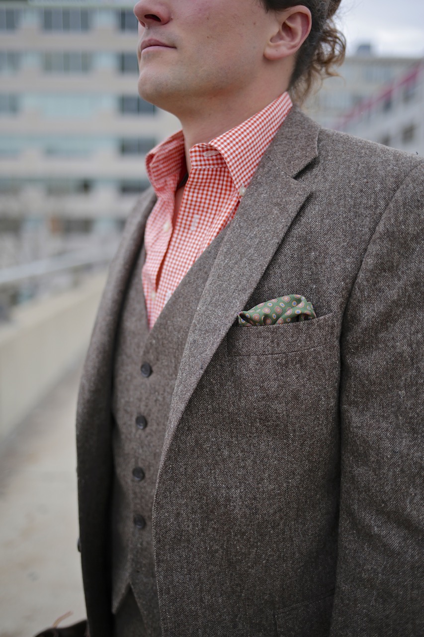 oliver wicks tweed suit and button down shirt
